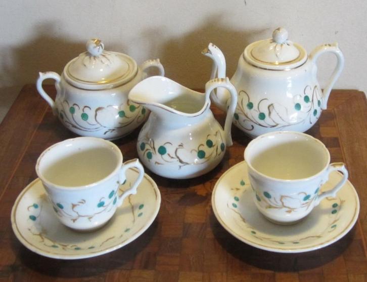 Antieke theeset in Vieux Bruxelles porselein 2 pers., Antiek en Kunst, Antiek | Servies compleet, Verzenden