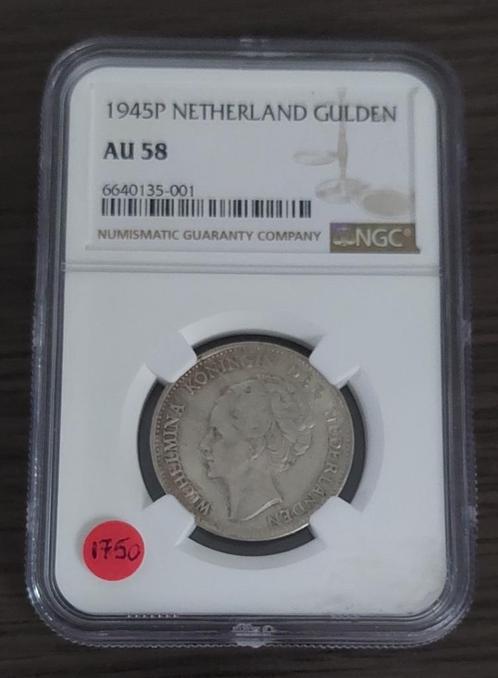 Zeldzame 1 gulden 1945 PE in slab NGC AU58 voor 1750 euro, Postzegels en Munten, Munten | Nederland, 1 gulden, Koningin Wilhelmina