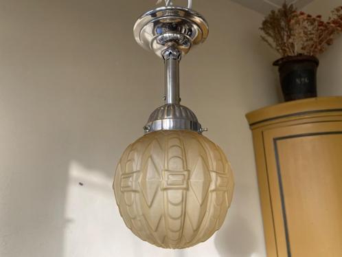 Lamp Hanglamp Geel Chroom art deco 1930  Frans, Antiek en Kunst, Antiek | Lampen, Ophalen of Verzenden