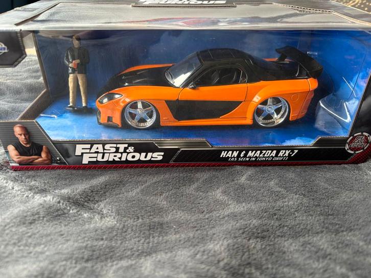 Fast & Furious Han's Mazda RX-7 Modelauto met Figuur 1:24, Hobby en Vrije tijd, Modelauto's | 1:18, Nieuw, Auto, Hot Wheels, Ophalen of Verzenden