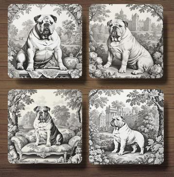 Engelse Bulldog Toile de Jouy onderzetters met houder beschikbaar voor biedingen