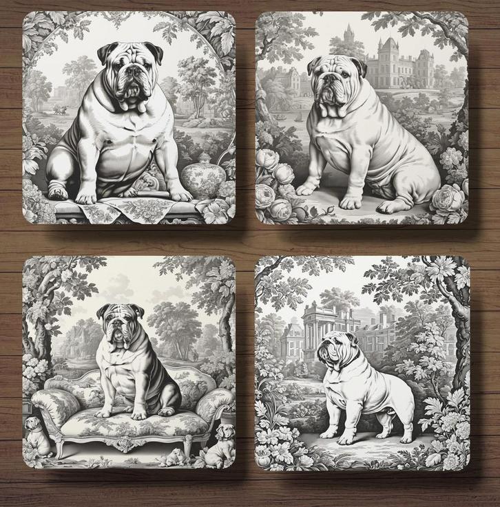 Engelse Bulldog Toile de Jouy onderzetters met houder, Huis en Inrichting, Woonaccessoires | Onderzetters, Nieuw, Glas of Kopje