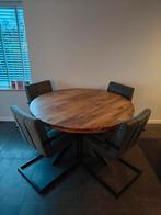 Mangohout Eettafel + 4 Stoelen - 140cm, Huis en Inrichting, Ophalen, Rond, Zo goed als nieuw, Metaal