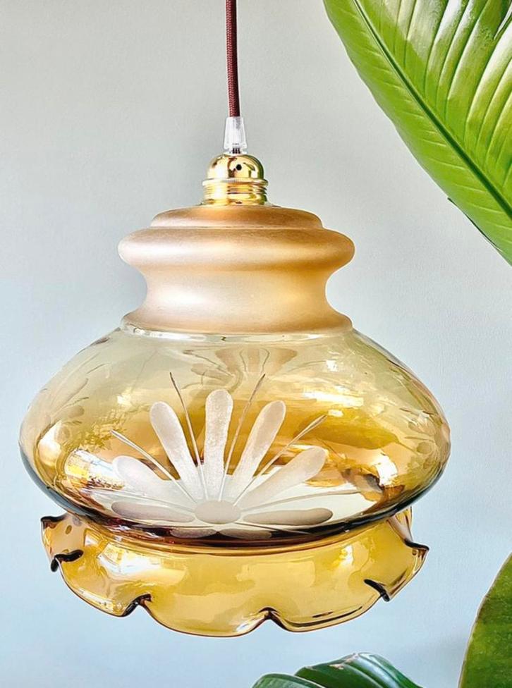 Vintage glazen lampenkap hanglamp lamp, Huis en Inrichting, Lampen | Hanglampen, Gebruikt, Glas, Ophalen of Verzenden