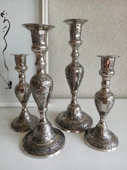 Set van 4 verzilverde kandelaren, Antiek en Kunst, Antiek | Kandelaars, Zilver, Ophalen of Verzenden