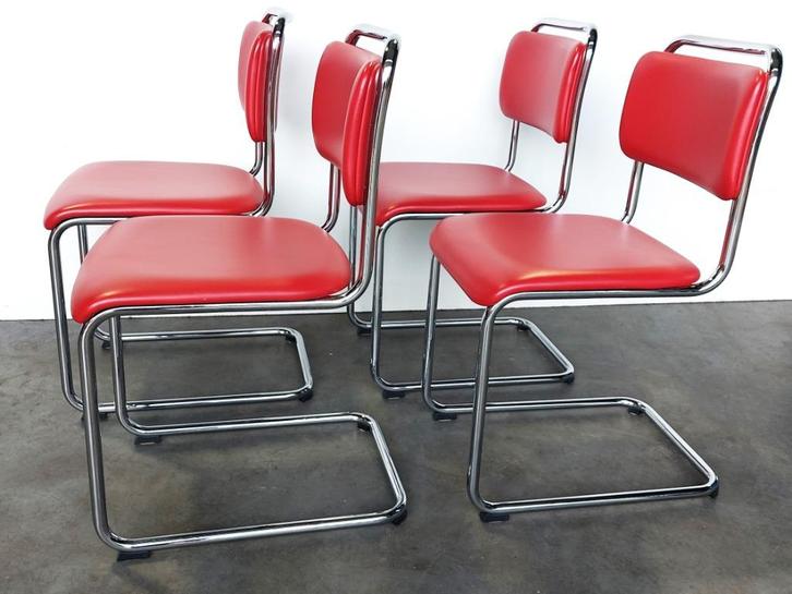 4x Gispen 101 | rood leer | hoogglans chroom | zgan, Huis en Inrichting, Stoelen, Zo goed als nieuw, Vier, Leer, Metaal, Rood