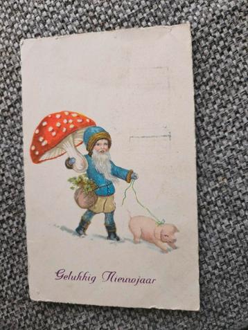 Kabouter met varkentje  Nieuwjaar Ansichtkaart 1927 beschikbaar voor biedingen