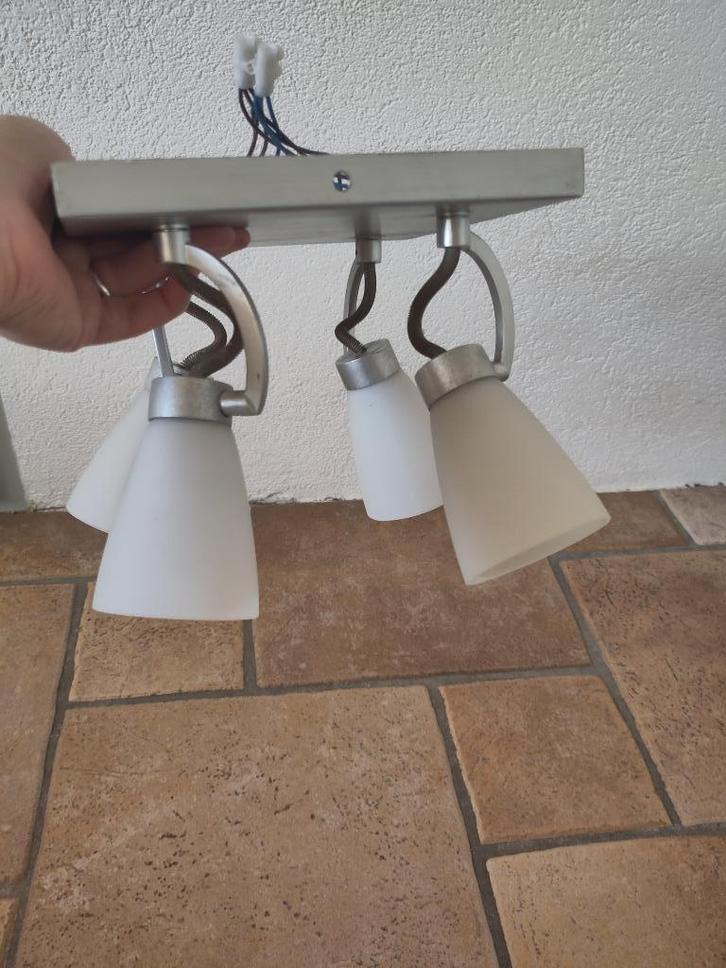 Sier plafonnière met 4 glaasjes, Huis en Inrichting, Lampen | Plafondlampen, Gebruikt, Glas, Metaal, Ophalen