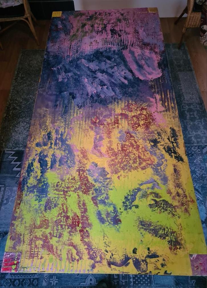 Unieke Houten Tafel met Abstract Kunstblad, Huis en Inrichting, Tafels | Eettafels, 100 tot 150 cm, 200 cm of meer, Rechthoekig