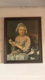 Oud schilderij met vrouw en kat, Ophalen of Verzenden