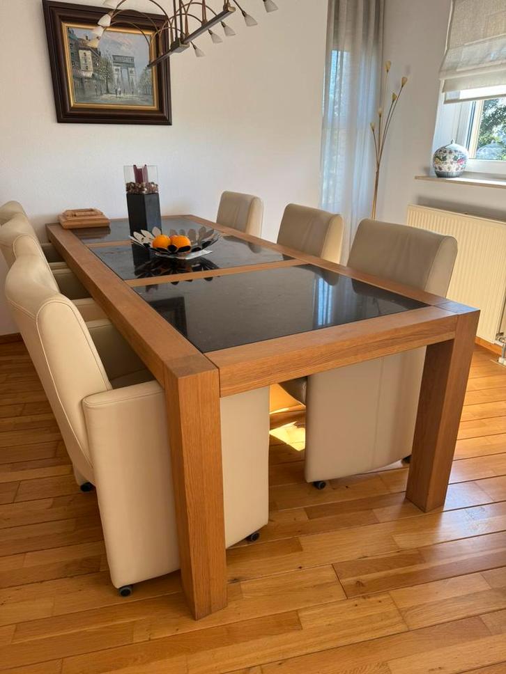 Eettafel licht eiken met Belgisch leisteen, Huis en Inrichting, Complete eetkamers, Zo goed als nieuw, 4 tot 6 stoelen, Ophalen