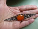 Antieke Djokja Zilveren Broche Carneool / gesigneerd / 10 cm, Sieraden, Tassen en Uiterlijk, Verzenden, Zilver, Broche, Met edelsteen