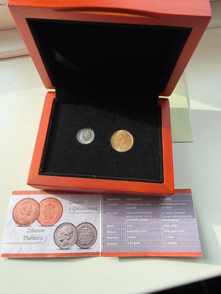 Gouden 5 Guldenmunt & Zilveren Dubbeltje Set, Postzegels en Munten, Munten | Nederland, Setje, 5 gulden, Koningin Wilhelmina, Goud