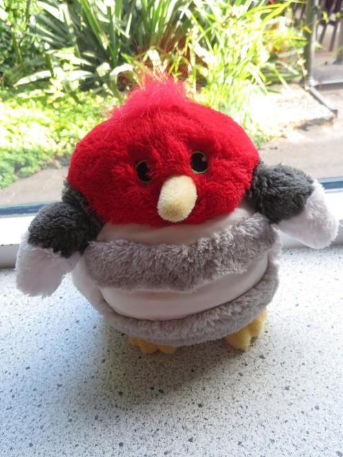 Vogel in rood wit grijs velours Mushabelly kan fluiten als, Kinderen en Baby's, Speelgoed | Knuffels en Pluche, Zo goed als nieuw