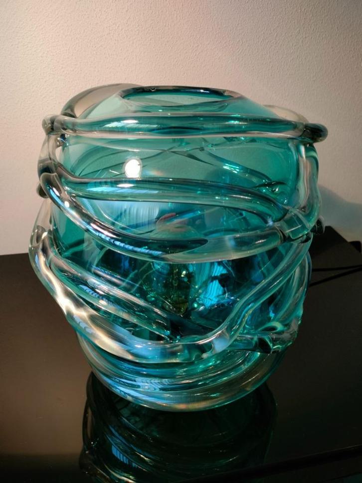 Italië Art Design Tafellamp Lamp Glas Petrol Glasdraad 1980, Huis en Inrichting, Lampen | Tafellampen, Zo goed als nieuw, Minder dan 50 cm