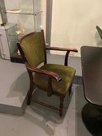 Vintage houten armstoelen met groene bekleding, Huis en Inrichting, Stoelen, Hout, Gebruikt, Twee, Overige kleuren