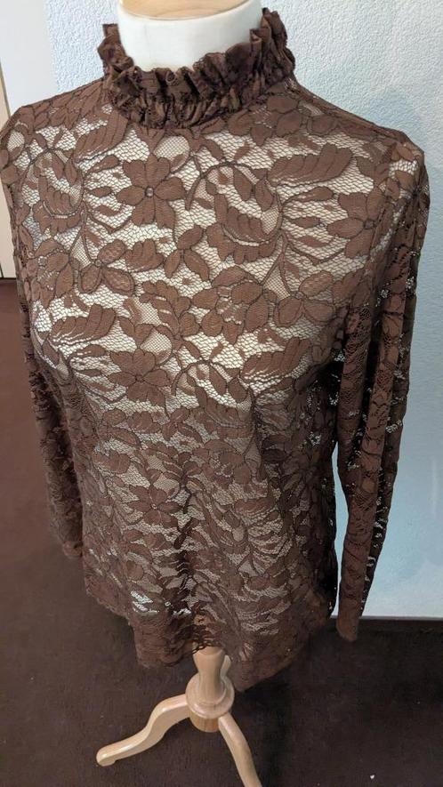 Donkerbruine kanten top - L - C&S Paris, Kleding | Dames, Tops, Zo goed als nieuw, Maat 42/44 (L), Bruin, Lange mouw, Verzenden