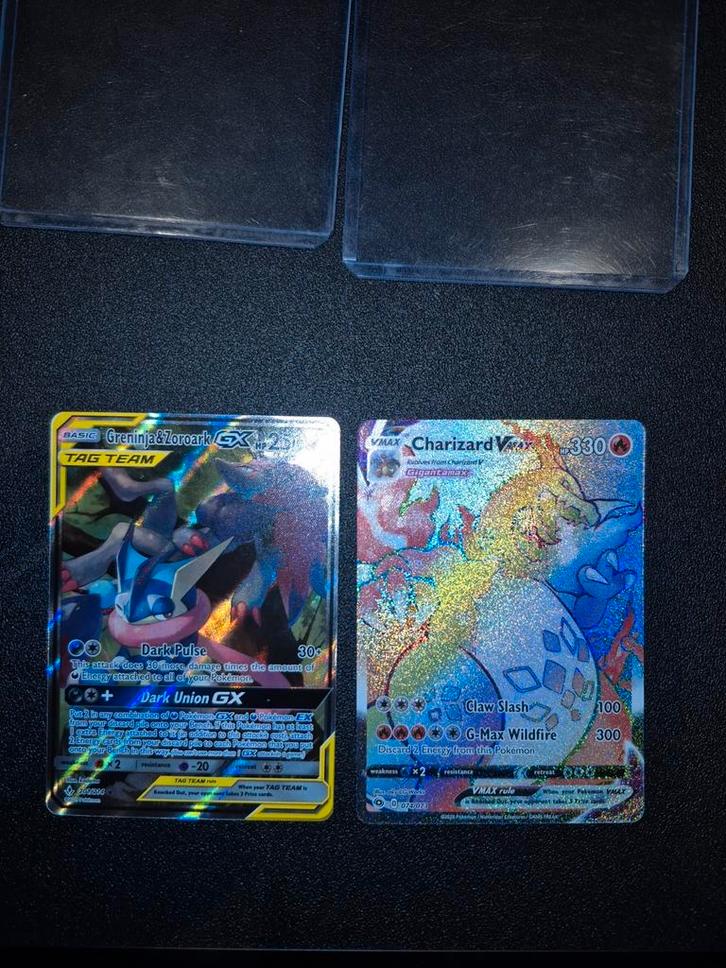 Greninja & Zoroark GX 201 tag team & Charizard Vmax #074, Hobby en Vrije tijd, Verzamelkaartspellen | Pokémon, Zo goed als nieuw