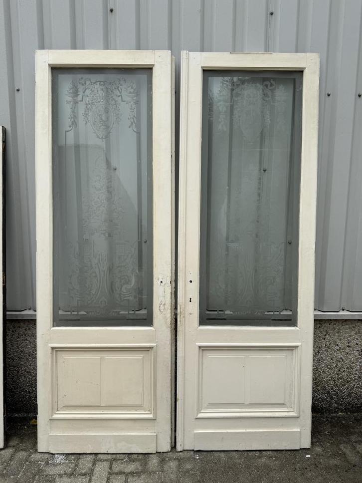 Prachtige antieke set ensuitedeuren met geetst glas, Doe-het-zelf en Verbouw, Deuren en Horren, Zo goed als nieuw, Binnendeur