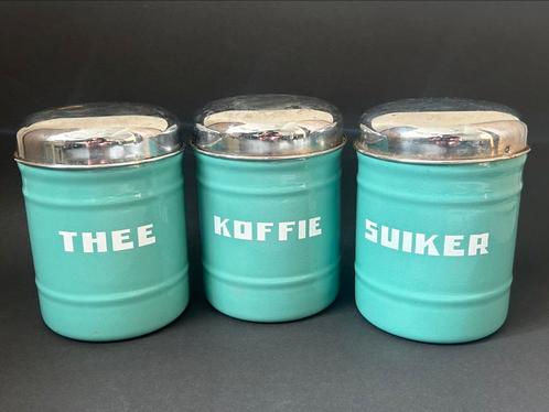 Lichtblauwe Emaille Koffie, Thee & Suiker bus, Antiek en Kunst, Antiek | Emaille, Ophalen of Verzenden