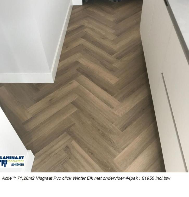 71,28m2 Visgraat Pvc click Winter Eik met ondervloer : €1950, Huis en Inrichting, Stoffering | Vloerbedekking, Nieuw, Laminaat