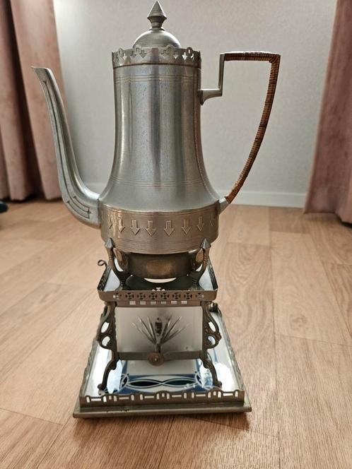 Antieke Tinnen Theepot met Rechaud, Antiek en Kunst, Antiek | Tin, Ophalen of Verzenden