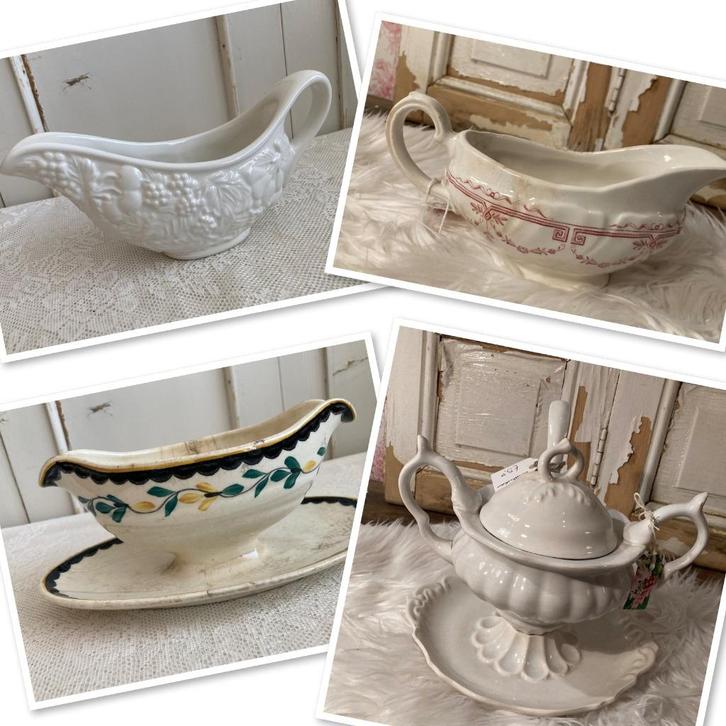5x Brocante oude juskom - sauciere - justerrine / 2 x Regout, Antiek en Kunst, Antiek | Servies los, Ophalen of Verzenden