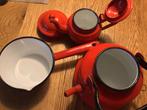 Vintage Rood Emaille Theepot en Steelpan Set - Jaren 80, Antiek en Kunst, Ophalen of Verzenden