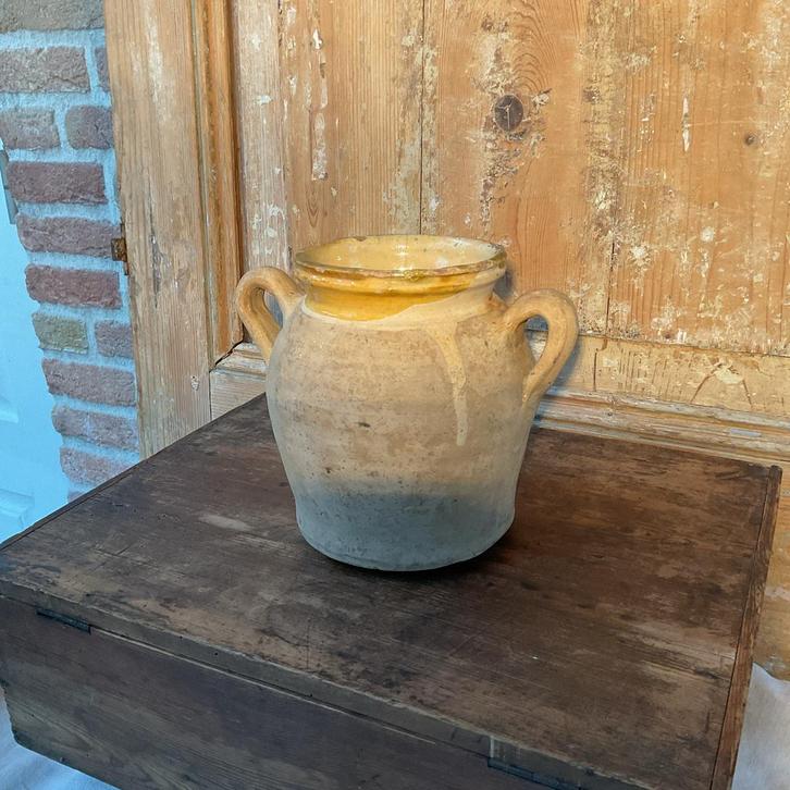 Antieke Franse aardewerken pot,geel glazuur, goede staat, Antiek en Kunst, Curiosa en Brocante, Ophalen of Verzenden