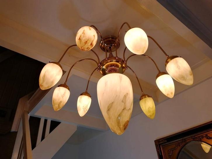 Vintage, design Art Deco plafondlamp. Jaren 40/50, Huis en Inrichting, Lampen | Plafondlampen, Glas, Metaal, Ophalen