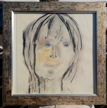 Abstract portret van ene meisje met blauwe ogen, aquarel  beschikbaar voor biedingen