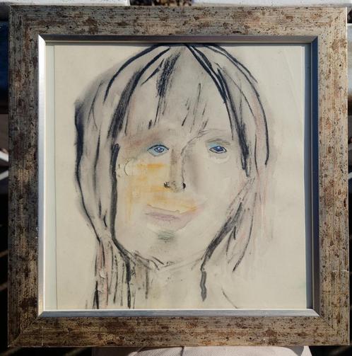 Abstract portret van ene meisje met blauwe ogen, aquarel, Antiek en Kunst, Kunst | Schilderijen | Klassiek, Ophalen of Verzenden
