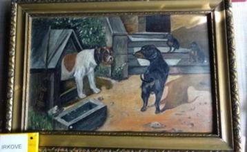 OLIEVERF * VIER HONDEN 3 TECKELS * In Lijst * beschikbaar voor biedingen