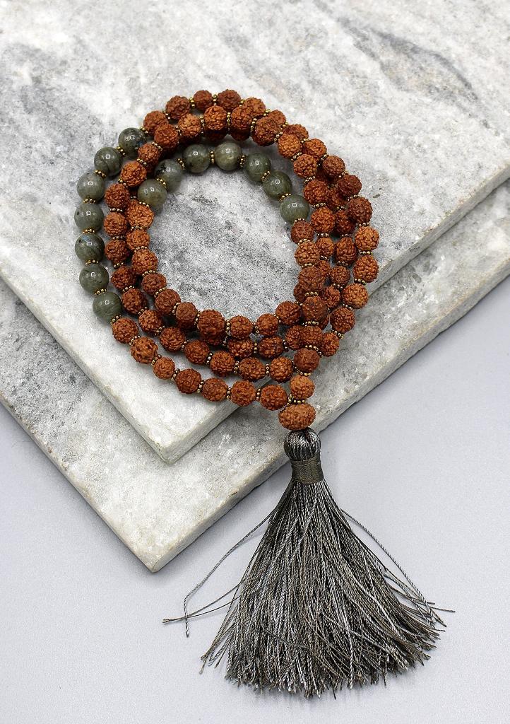 Tibetaanse rudraksha gebedsmala met labradoriet kralen, Sieraden, Tassen en Uiterlijk, Kettingen, Nieuw, Overige materialen, Verzenden