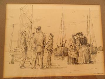 pentekening mannen en vrouwen boten Bretagne F. Verrimst beschikbaar voor biedingen