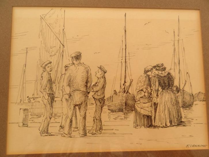 pentekening mannen en vrouwen boten Bretagne F. Verrimst, Antiek en Kunst, Kunst | Tekeningen en Foto's, Verzenden