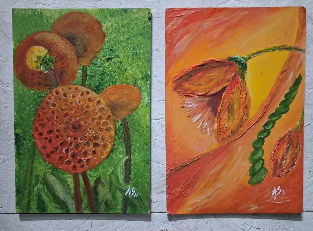 Twee abstracte schilderijen bloemen, Ophalen of Verzenden