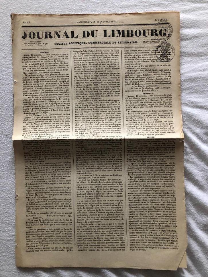 Maastricht, 30 Octobre 1842 Journal du Limbourg. Feuille, Antiek en Kunst, Antiek | Boeken en Bijbels, Verzenden
