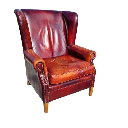 Chesterfield oor fauteuil rood bruin leer + BEZORGING GRATIS, Huis en Inrichting, Fauteuils, Gebruikt, Leer, 75 tot 100 cm, Ophalen of Verzenden