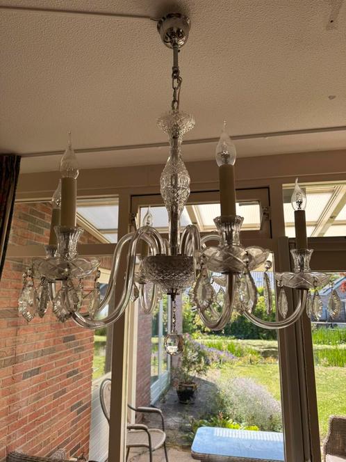 Klassieke kristallen kroonluchter 6-armig model, Huis en Inrichting, Lampen | Kroonluchters, Gebruikt, Glas, Overige materialen