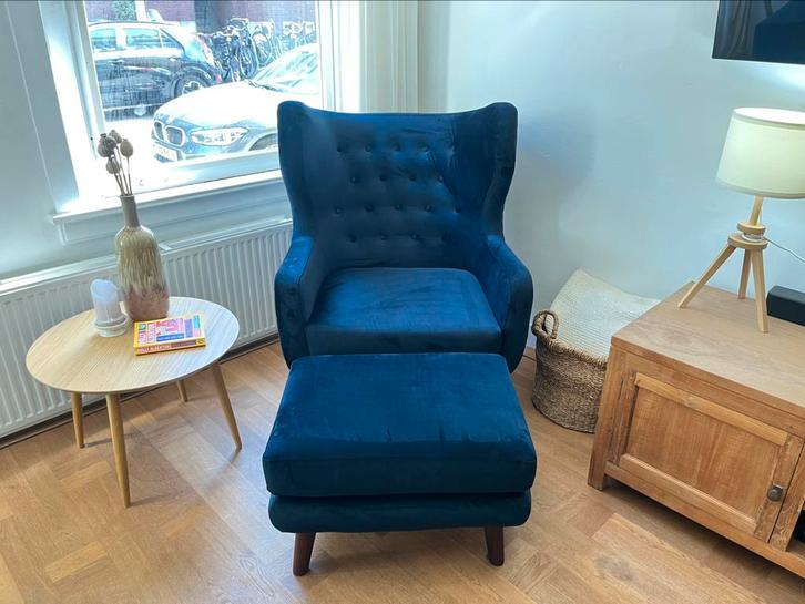 Armchair with Ottoman / Fauteuil met Hocker: Velour Lux Navy, Huis en Inrichting, Fauteuils, 75 tot 100 cm, 75 tot 100 cm, Ophalen
