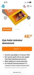 50% korting op Pathe unlimited voucher, Tickets en Kaartjes, Eén persoon, Niet van toepassing, Bestemd voor 3D, Vrijkaartje alle films