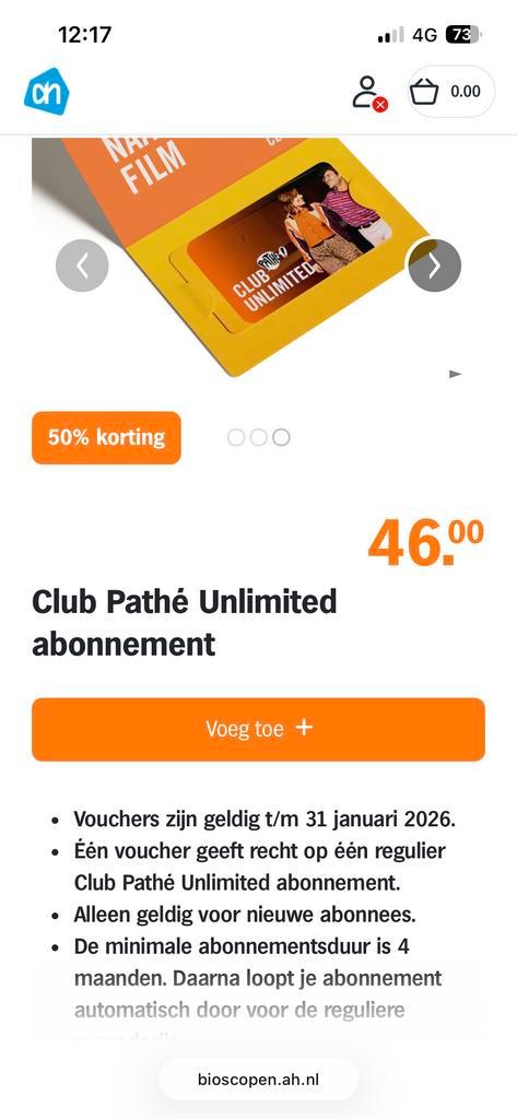 50% korting op Pathe unlimited voucher, Tickets en Kaartjes, Filmkaartjes, Eén persoon, Vrijkaartje alle films, Niet van toepassing