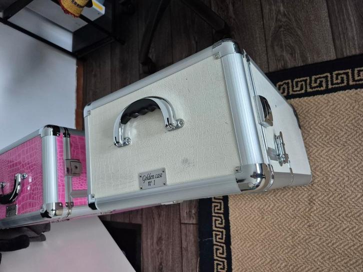 Tweedelige make-up/reiskoffer roze en wit, Sieraden, Tassen en Uiterlijk, Koffers, Zo goed als nieuw, Hard kunststof, Minder dan 50 cm