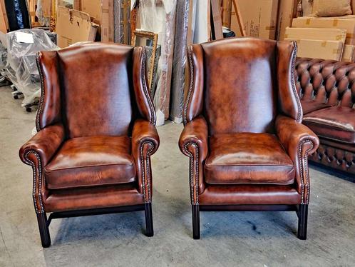 Set van 2 Churchill Chesterfield Oorfauteuils Bruin leer, Huis en Inrichting, Banken | Bankstellen, Nieuw, Eenpersoons, Minder dan 150 cm