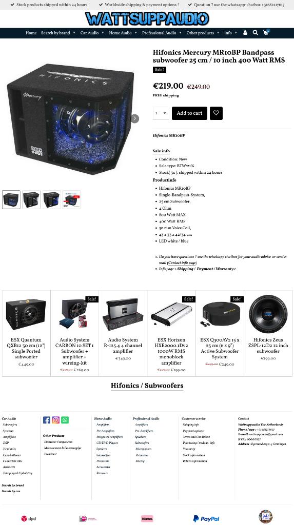 Hifonics Mercury MR10BP Bandpass subwoofer 10 inch 800W, Auto diversen, Autospeakers, Audio Design, Nieuw, Am Breilingsweg 3, 76709 Kronau, Duitsland