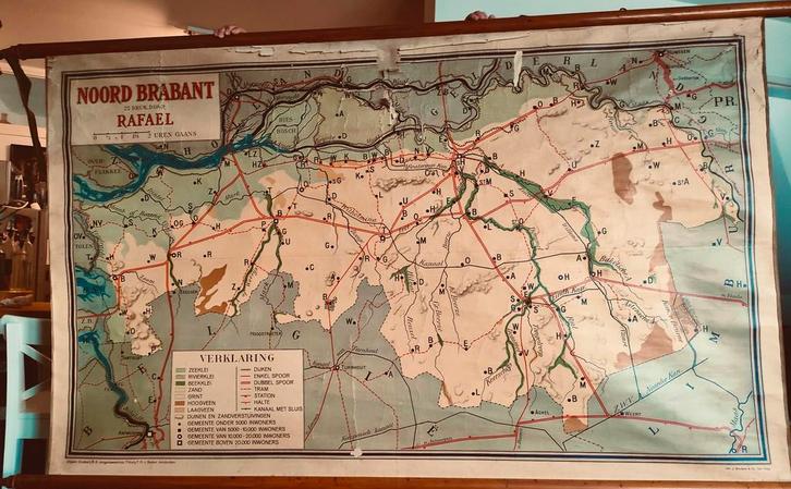 Antieke schoolkaart Brabant Rafael 1930/50 – 190x120 cm, Boeken, Atlassen en Landkaarten, Gelezen, Landkaart, Nederland, 1800 tot 2000