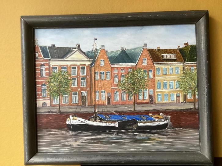 Woonboot in stadsgracht met lijstwerk, Antiek en Kunst, Kunst | Schilderijen | Klassiek, Ophalen of Verzenden
