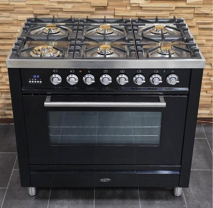 Luxe Fornuis Boretti 90cm hoogglans zwart rvs 6 pits, Witgoed en Apparatuur, Fornuizen, Zo goed als nieuw, Vrijstaand, Gas, 5 kookzones of meer