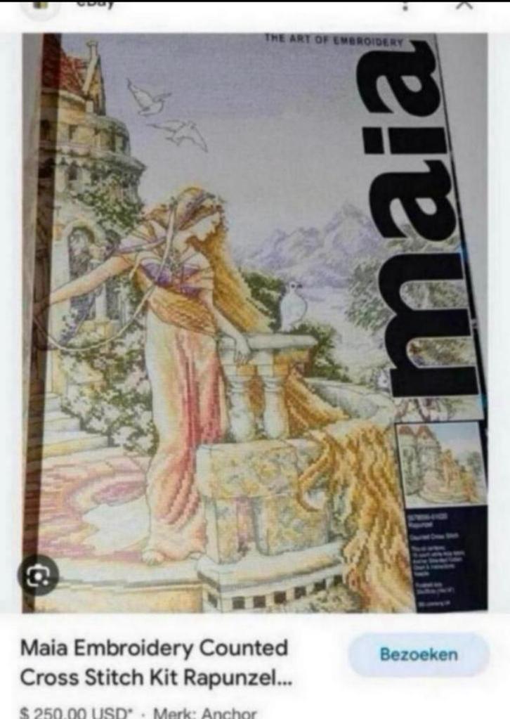 BORDUURPAKKET/PATROON MAIA MET BORDUURSTOF, Hobby en Vrije tijd, Borduren en Borduurmachines, Zo goed als nieuw, Borduurpakket